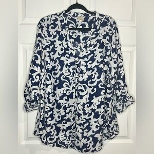 JM Collection Women’s 100% Linen button-down blouse - Size 18w - Blue/White